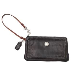 Coach Wristlet Black Pebble Leather Cognac Brown Strap Vintage Clutch Old Money